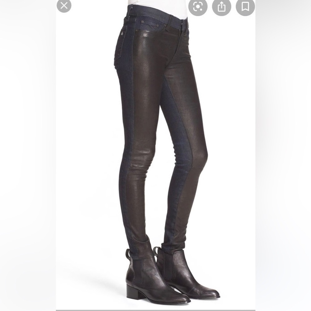 Rag & Bone Lambs Leather Black Front Blue Back Skinny Jeans Essex Color Size 25